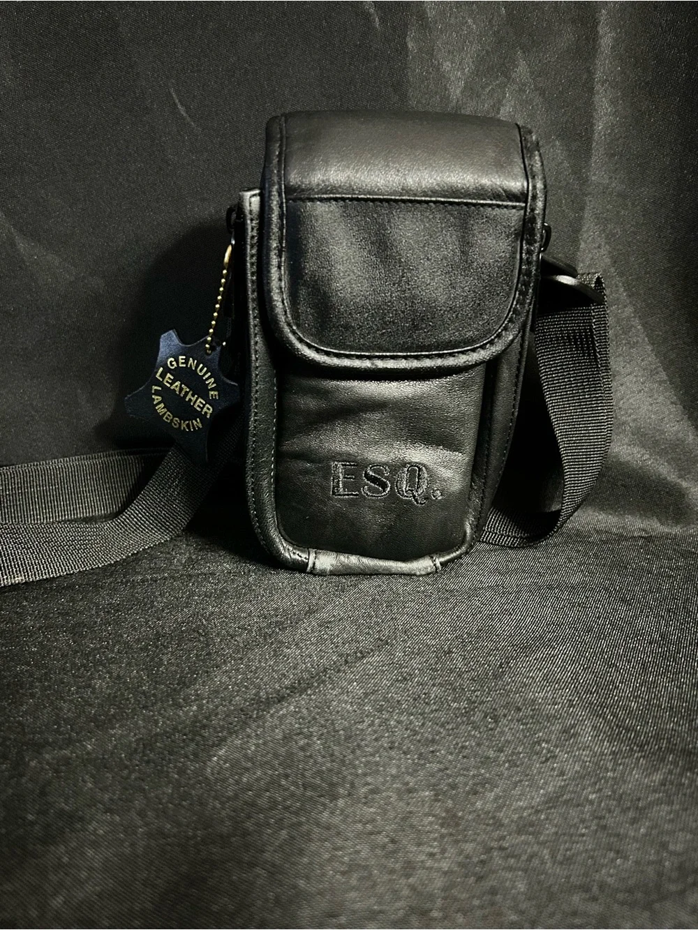 ESQ Genuine Black Leather Padded Crossbody Camera Phone Electronics Pouch